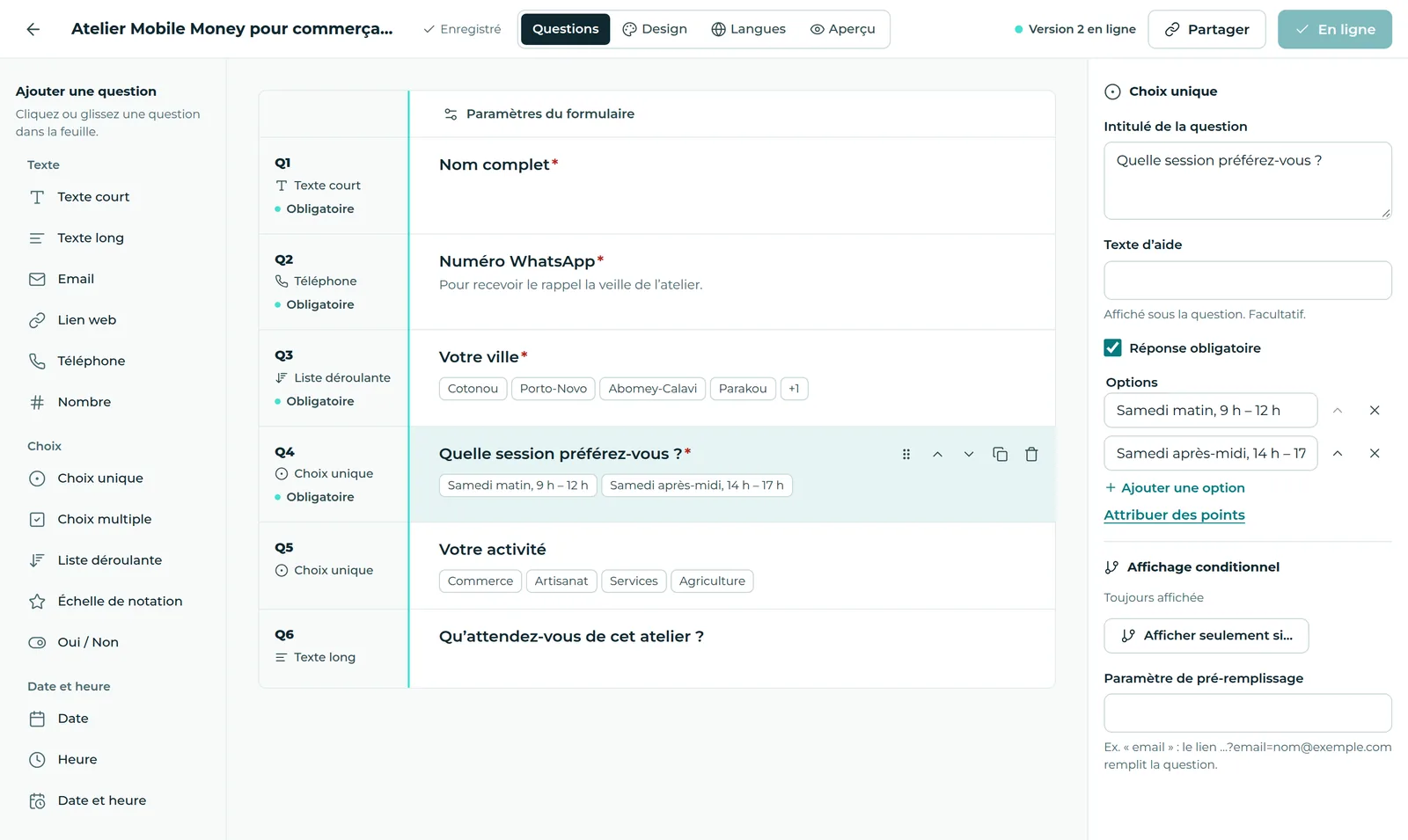L’éditeur de Selys Form : la liste des questions d’un formulaire d’inscription, la question « Quelle session préférez-vous ? » sélectionnée et ses options à droite.