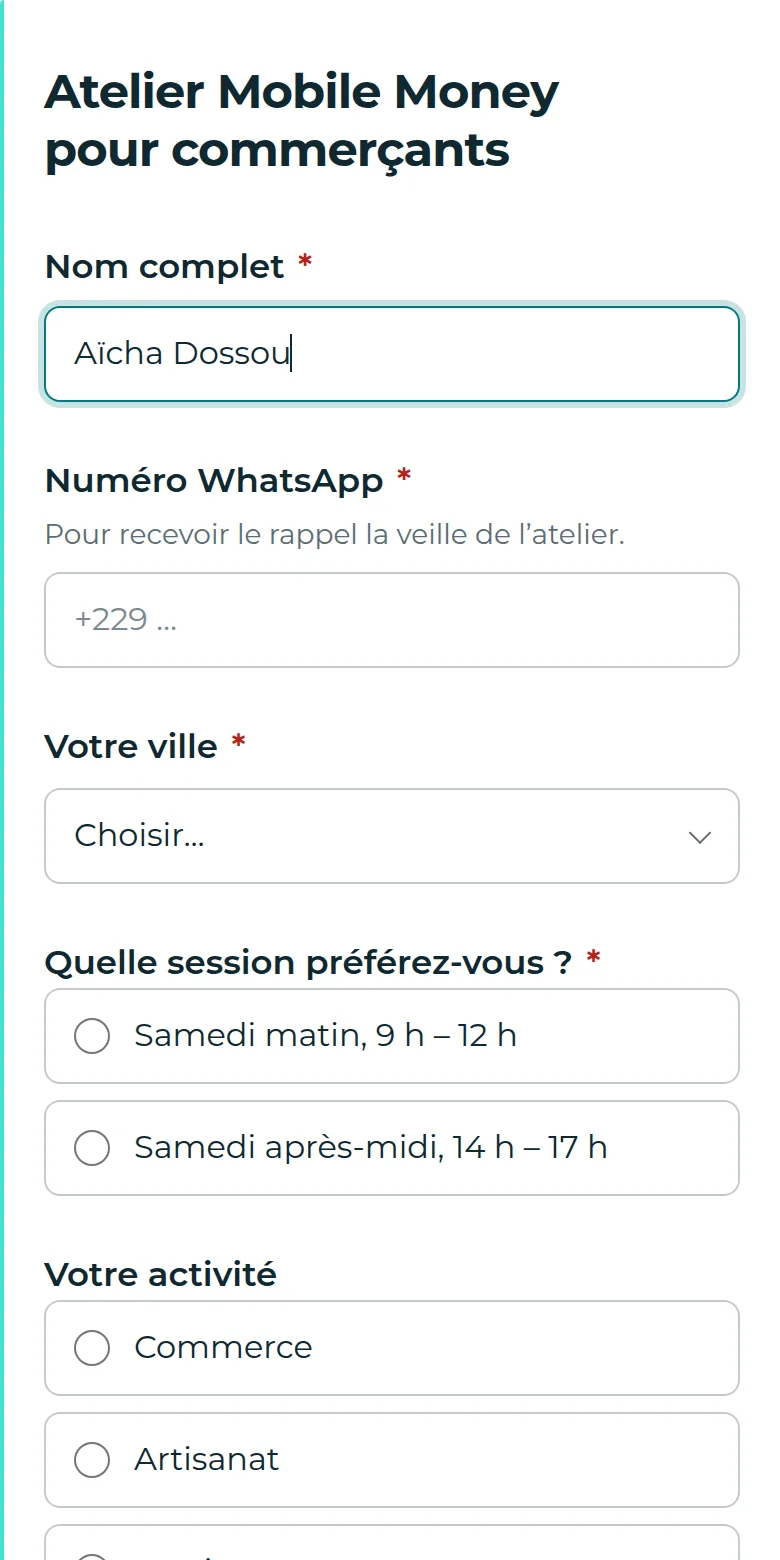 Le même formulaire sur un téléphone : nom complet, numéro WhatsApp, ville et choix de la session.